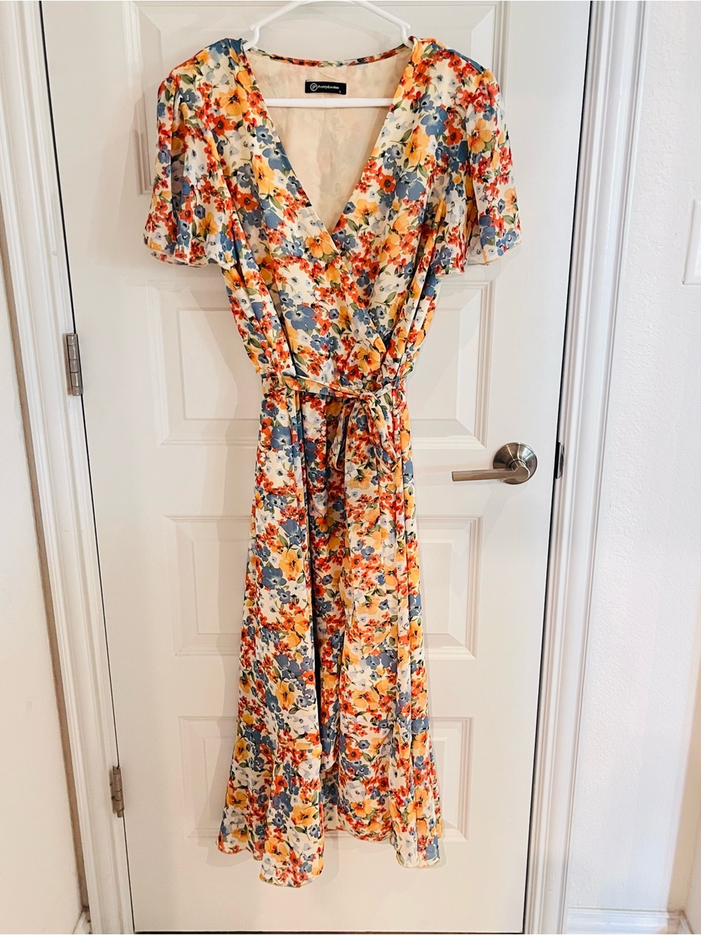 Floral Wrap Maxi Dress in Cream, Orange , Blue Flowers.